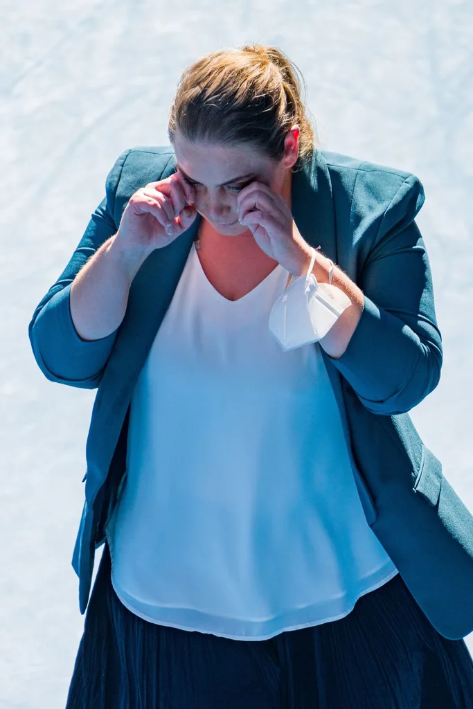 Jelena Dokic, commentator, gets emotional during the court side interview with Alize Cornet of France