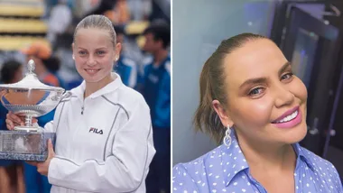 Two images side by side: young person holding trophy, smiling woman wearing polka-dot shirt.