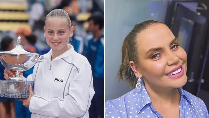Two images side by side: young person holding trophy, smiling woman wearing polka-dot shirt.