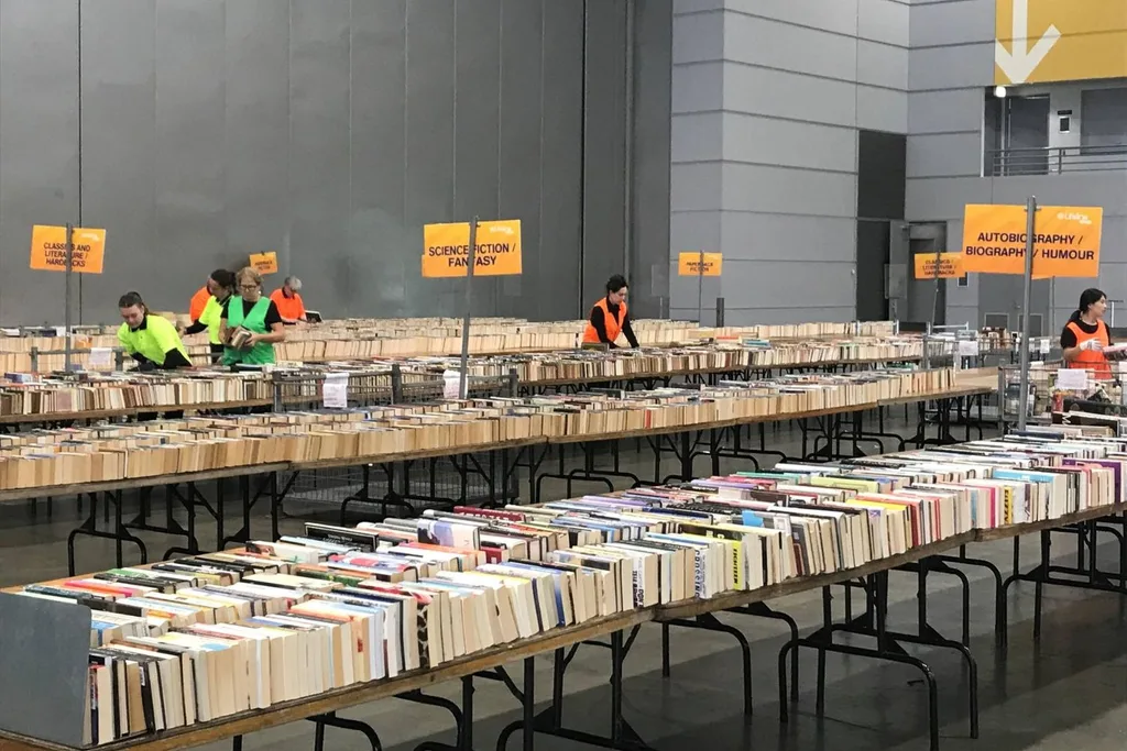 books fill a warehouse at the lifelife bookfest event in brisbane in july