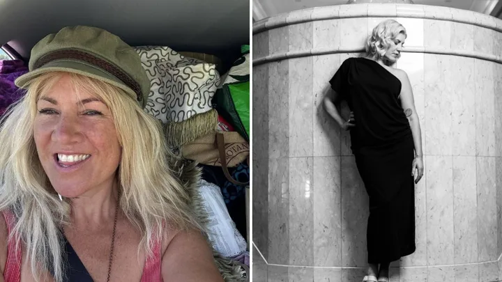 Blonde woman in a car wearing a cap, smiling. Black and white image of her in a dress, posing against a marble wall.