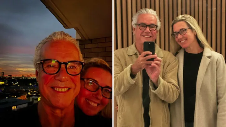 Elderly couple smiling in sunset selfie and indoor mirror selfie, both wearing glasses.