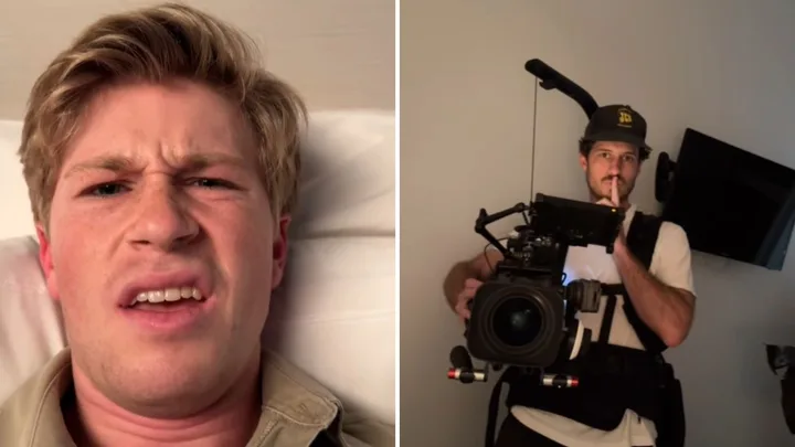 Two images: a person looking confused on the left; a cameraman holding equipment and shushing on the right.