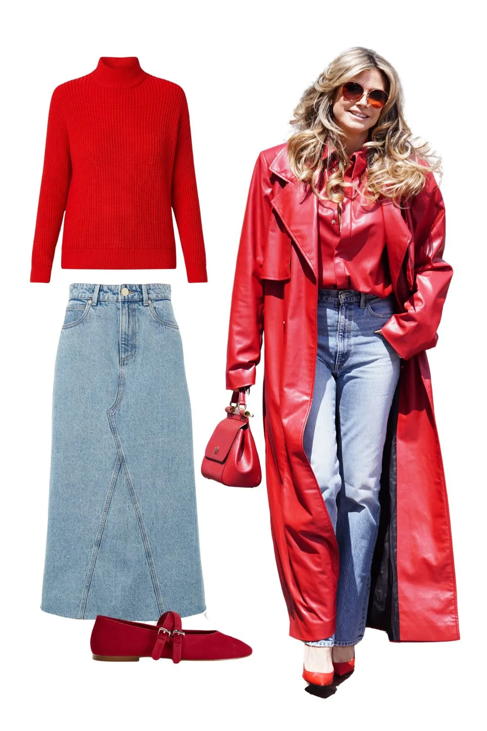 Heidi Klum wearing denim and red coat