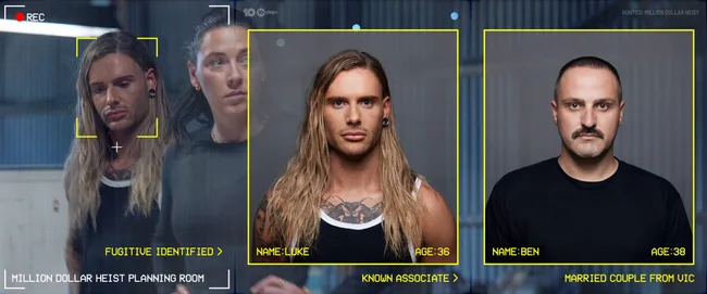 "Three men identified as fugitives and associates in planning room for a million dollar heist on a surveillance screen."