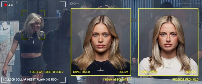 Blonde woman in a planning room; screen shows two other identified women, Tayla and Jayde, ages 24, as associates.