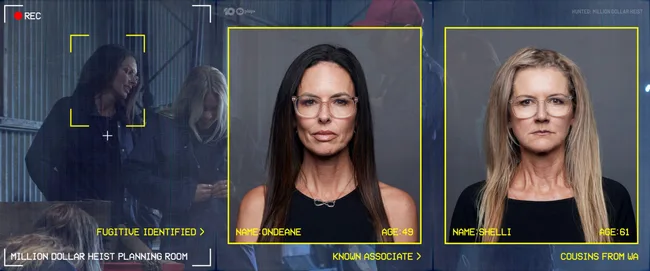 Fugitive and associates identified from "Hunted: Million Dollar Heist," featuring Ondeane and Shelli with details.