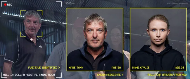 "Surveillance image showing Tony, age 58, and Kaylie, age 30, linked to a million dollar heist planning room."
