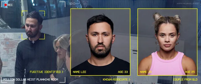 "Surveillance image showing 'Hunted: Million Dollar Heist' suspects Lee and Jo with highlighted info."