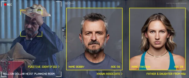 Surveillance footage shows three people: a man holding a mask, and two portraits labeled Bobby, 56, and Tanisha, 20.