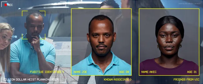 "Three people connected to Million Dollar Heist identified with details overlay. Names: Joe and Akec."