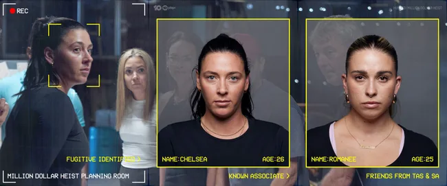 "Image showing faces labeled Chelsea and Romanee, ages 26 and 25, with text related to a heist planning room."