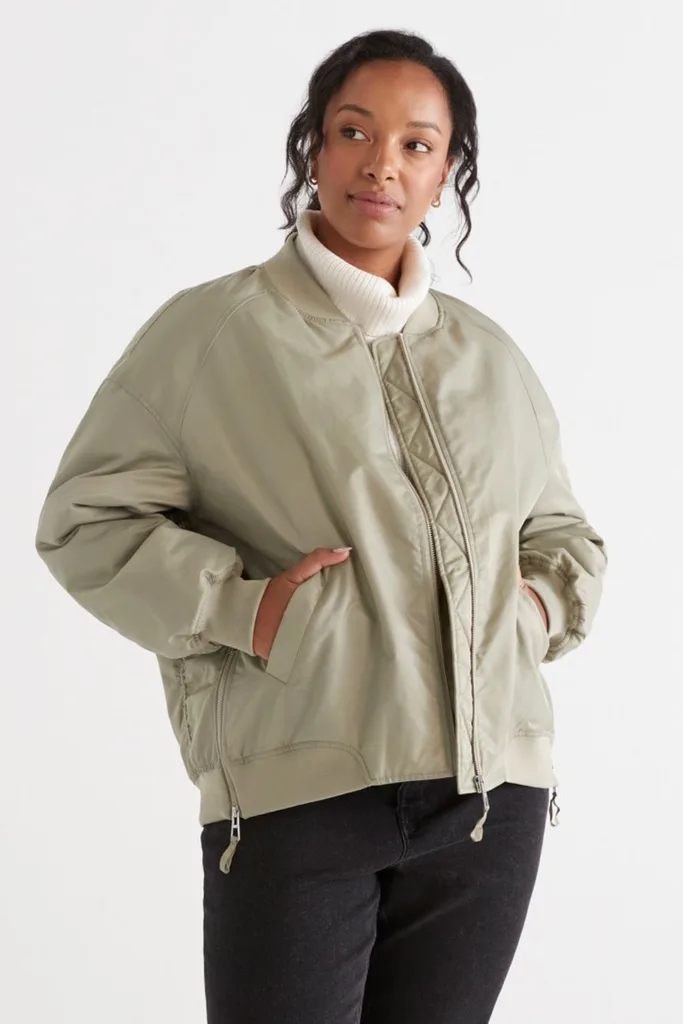 Model Wearing Sussan Bomber kahki Jacket