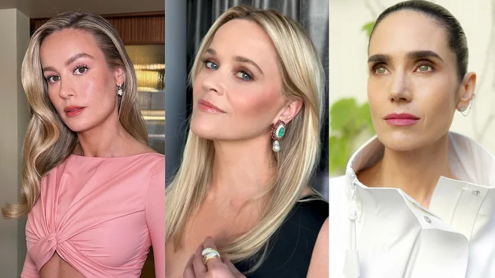 Three women posing separately, each with elegant hairstyles and outfits; first in pink, second with colorful jewelry, third in white.