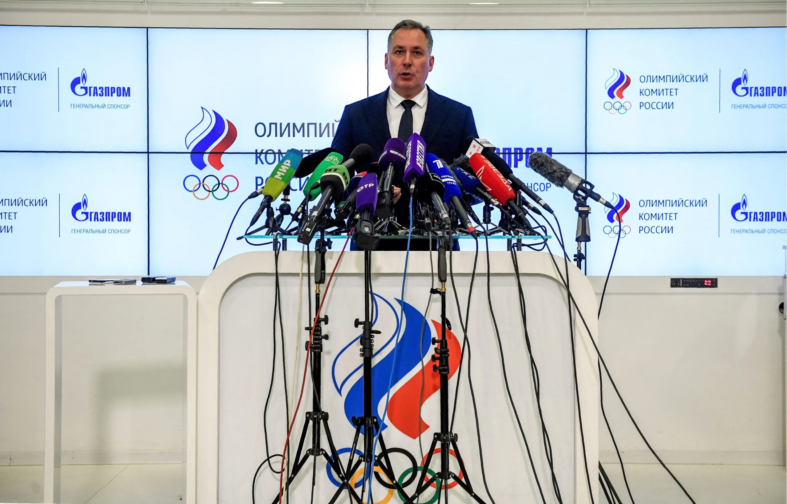 Russian Olympic Committee (ROC) President Stanislav Pozdnyakov holds a press conference in Moscow on December 24, 2019 following meetings with the Russian anti-doping agency to discuss Russia's doping ban from major sport competitions. - WADA on December 10 banned Russia for four years from major global events, including the 2020 Tokyo Olympics and the 2022 World Cup in Qatar, over manipulated doping data. (Photo by Alexander NEMENOV / AFP) (Photo by ALEXANDER NEMENOV/AFP via Getty Images)