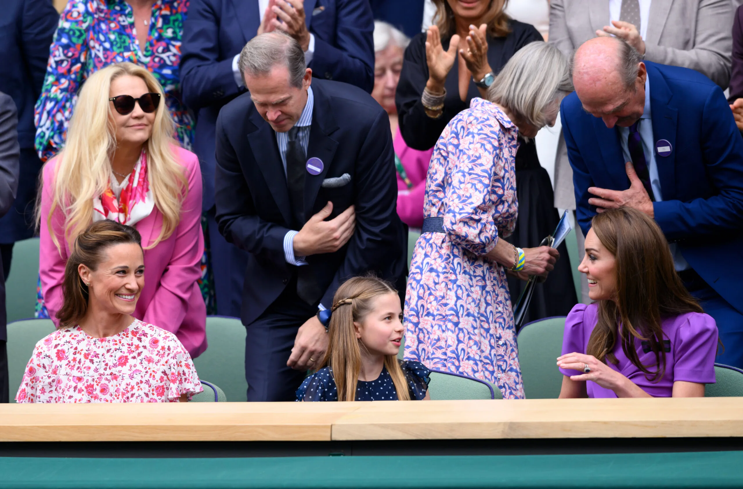 LONDON, ENGLAND - JULY 14: Pippa Middleton, Princess Charlotte of Wales and Catherine, Princess of Wales court-side of Centre Court during the men's final on day fourteen of the Wimbledon Tennis Championships at the All England Lawn Tennis and Croquet Club on July 14, 2024 in London, England. (Photo by Karwai Tang/WireImage)