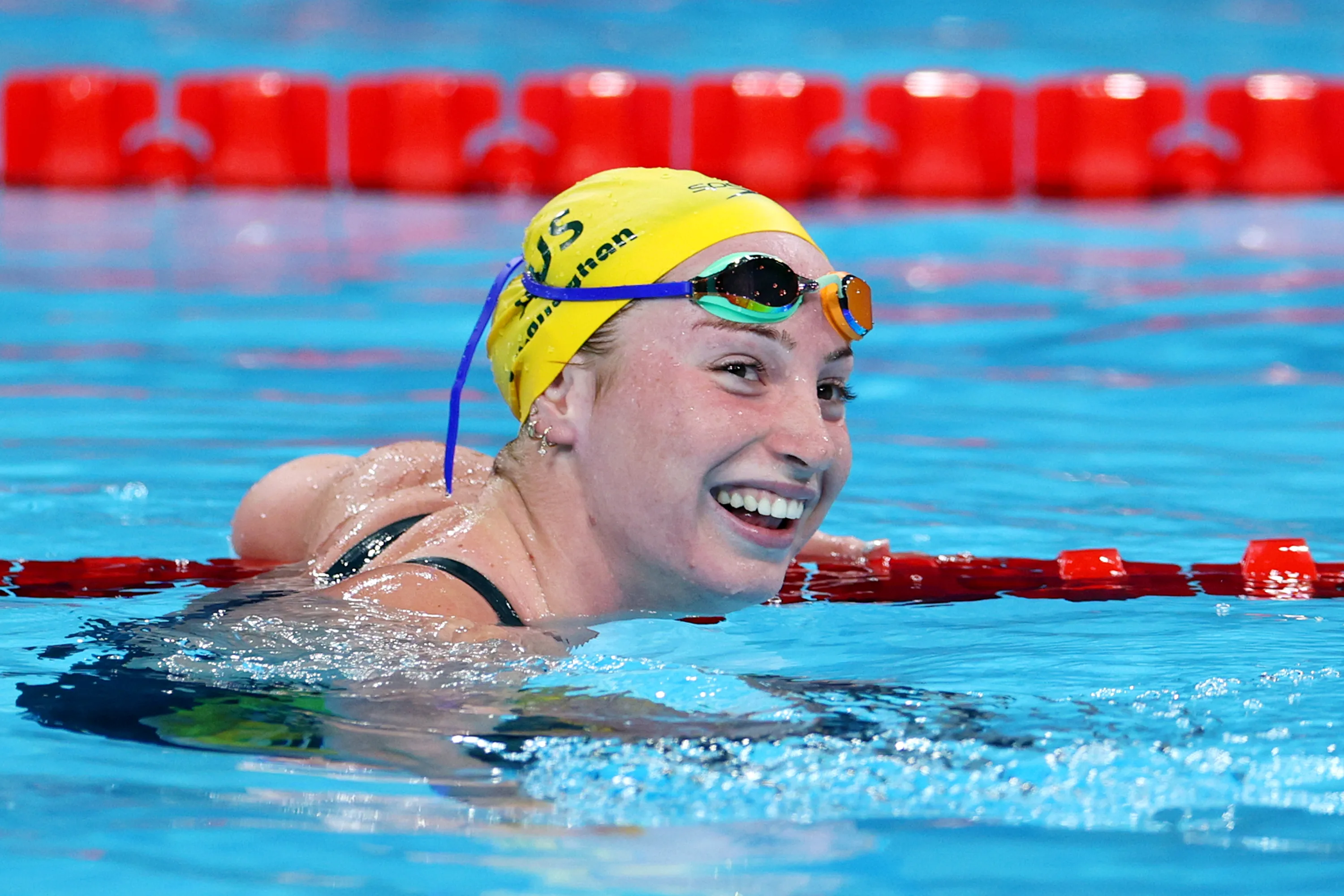 NANTERRE, FRANCE - JULY 29: Mollie O'Callaghan of Team Australia celebrates after winning gold in the Women’s 200m Freestyle Final on day three of the Olympic Games Paris 2024 at Paris La Defense Arena on July 29, 2024 in Nanterre, France. (Photo by Adam Pretty/Getty Images)
