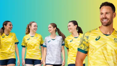 Australian athletes in yellow and white sports jerseys smiling against a gradient background.