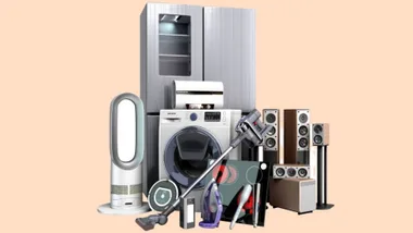 A collection of home appliances, including a refrigerator, washing machine, speakers, vacuum, and fan on a peach background.