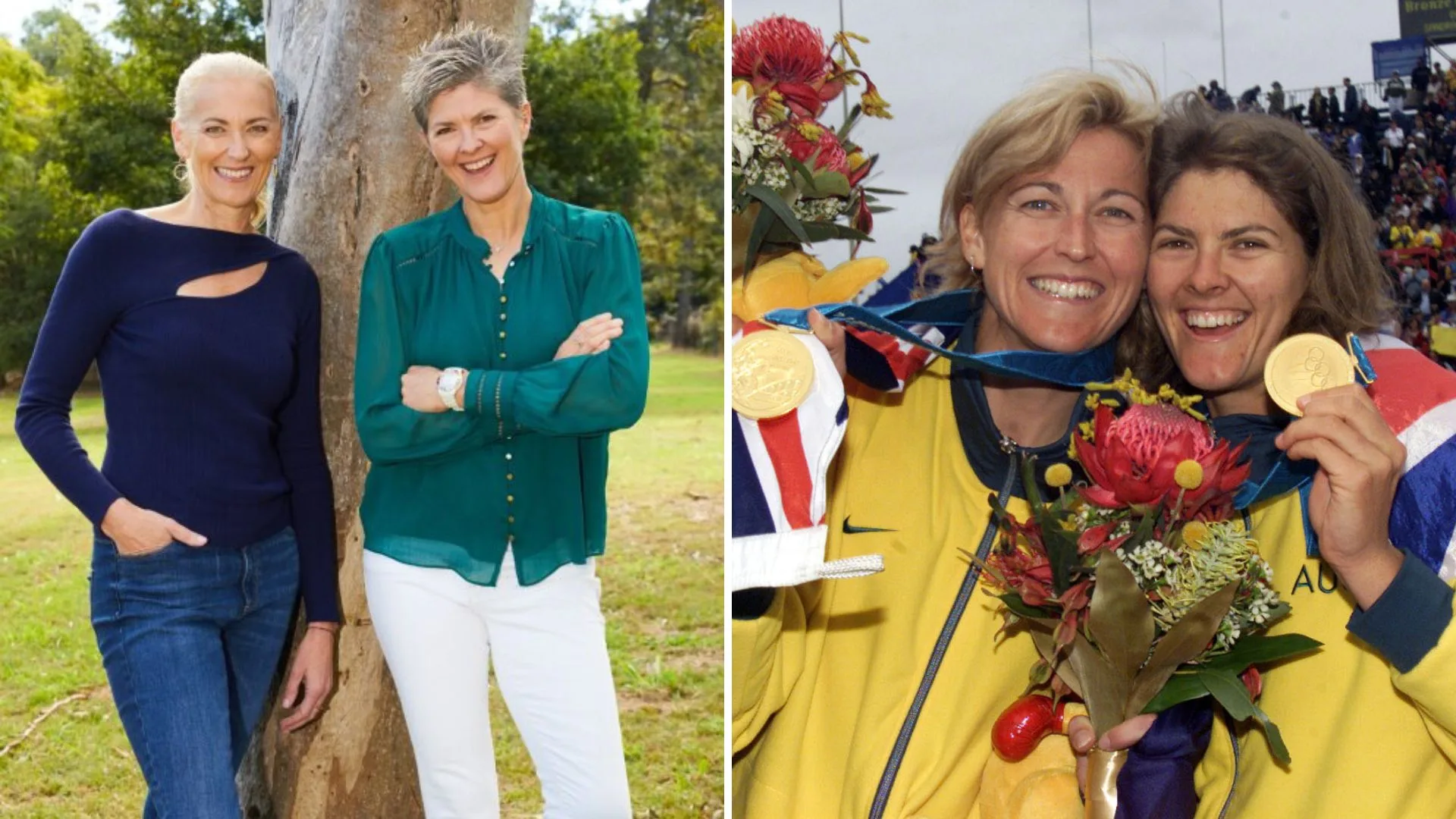 "Left: Two women standing by a tree, smiling. Right: Two women with gold medals, celebrating."