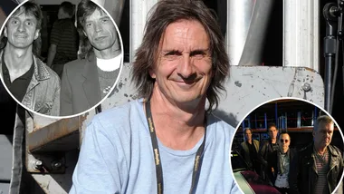 Man smiling outdoors with two inset images: one black-and-white of two men, another of four men standing near cars.