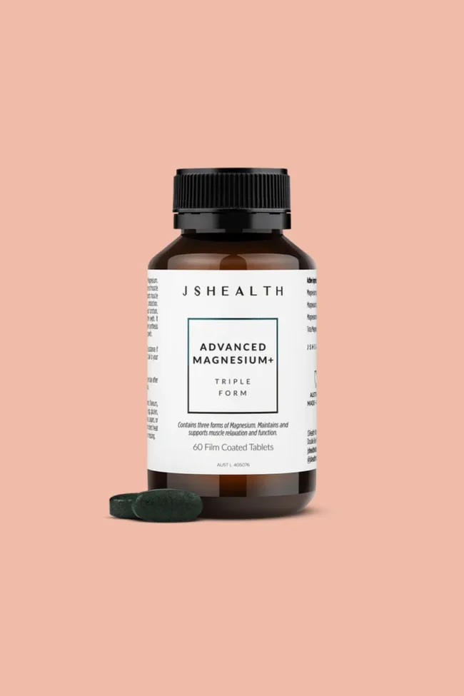 JSHealth Advanced Magnesium+ supplement bottle against a beige background.