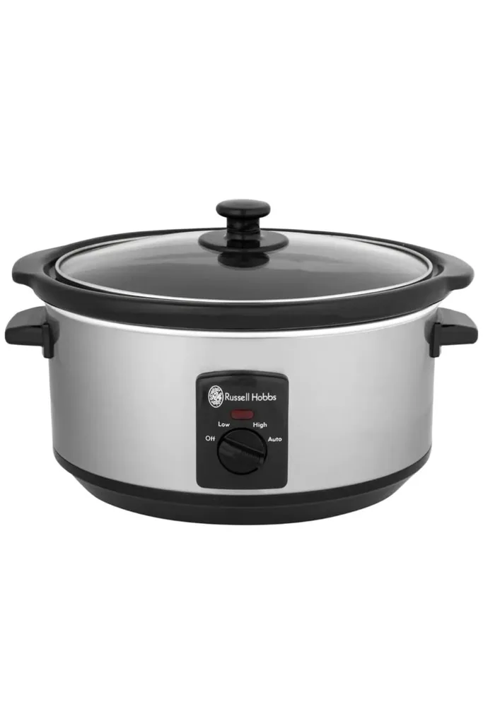 Russell Hobbs slow cooker with stainless steel finish and black lid with dial control on the front.