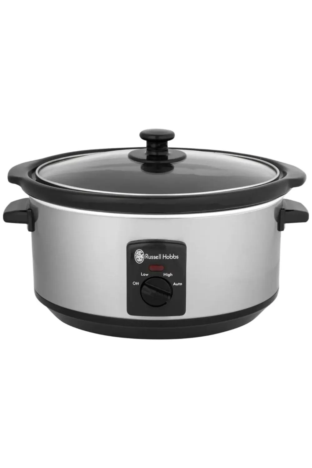 Russell Hobbs slow cooker with stainless steel finish and black lid with dial control on the front.
