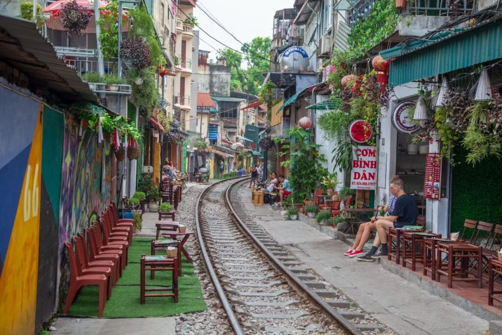 Hanoi vietnam narrow streets with a train track