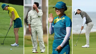 Four golfers in different outfits on a course. Two in Australian uniforms, one gesturing, others focused on putting.