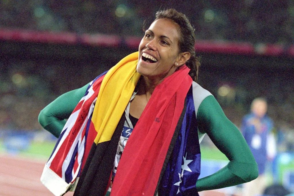 Cathy Freeman looking very happy after winning Gold in the 400m Final during the 2000 Sydney Olympic Games.
