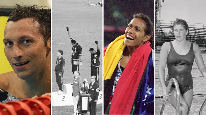 A collage of athletes: swimmer in pool, Olympic podium with raised fists, smiling athlete with flag, and swimmer by pool.