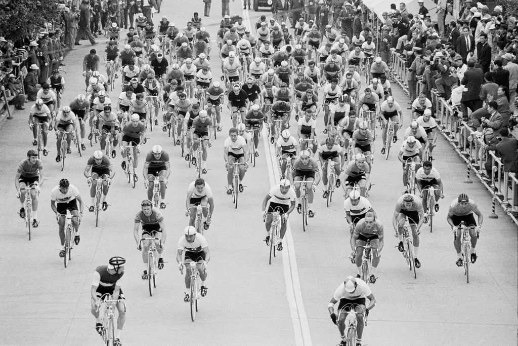 a black and white photograph The start of the Men's individual cycle road race on 22nd October 1964 during the XVIII Summer Olympic Games.