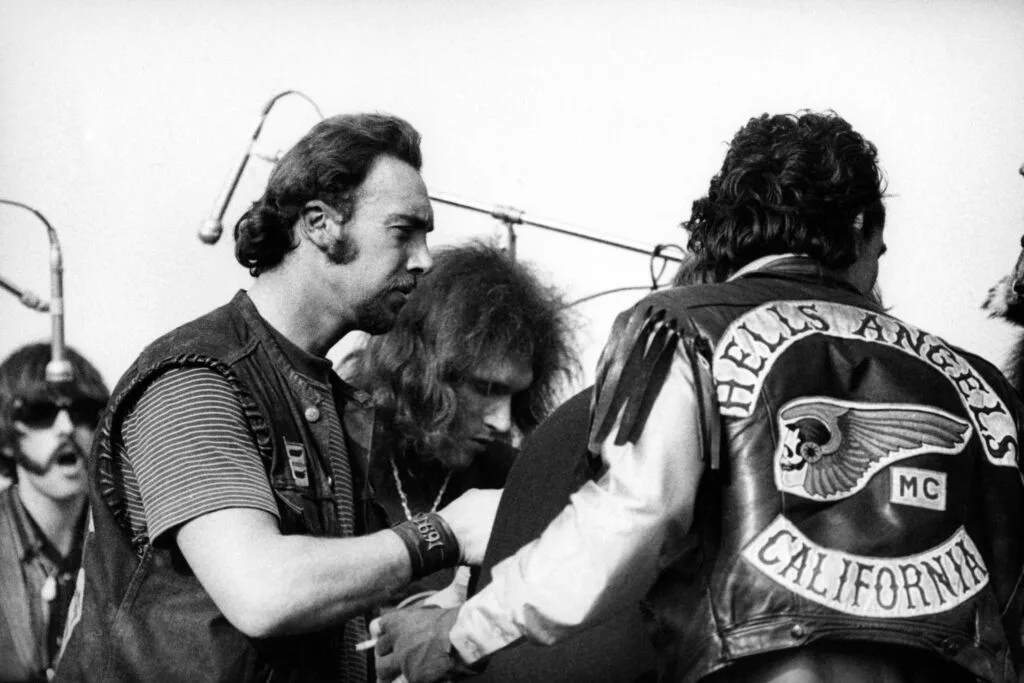 the back of a hells angels motorbike jacket that reads california