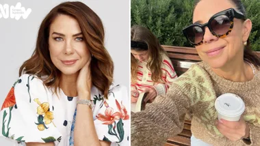 A woman in a floral dress on the left, and a woman with sunglasses holding coffee on a bench on the right.