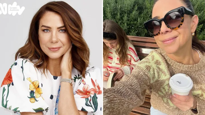 A woman in a floral dress on the left, and a woman with sunglasses holding coffee on a bench on the right.