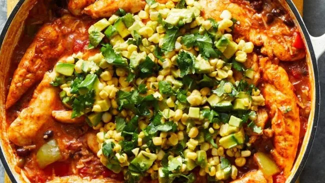 Mexican Chicken and Rice with Corn and Avocado Salsa