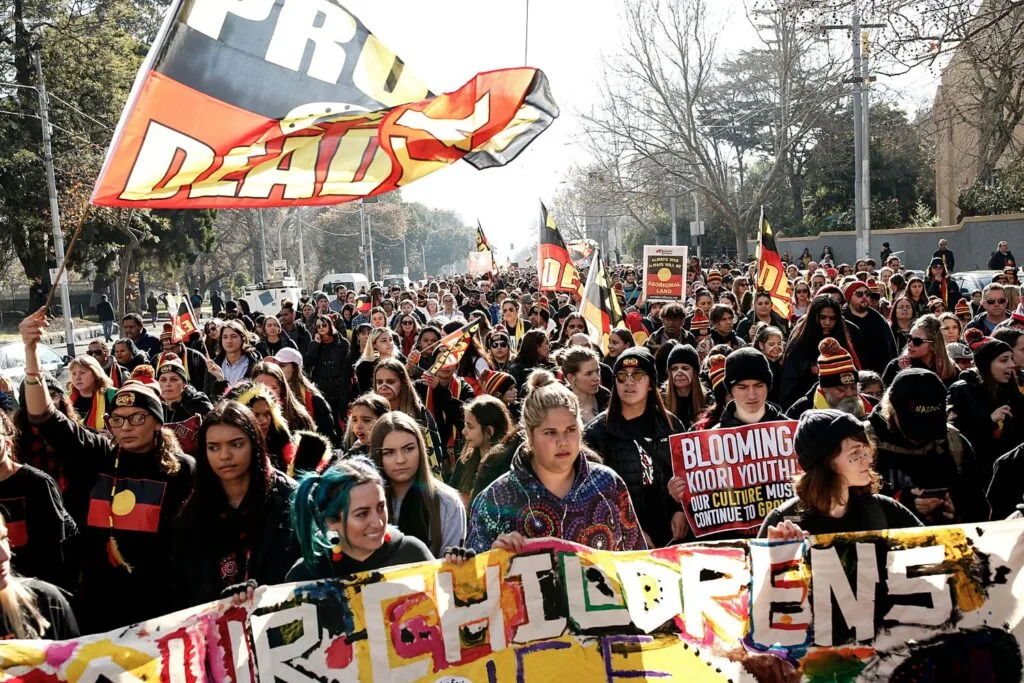 housands of people take to the streets in the annual NAIDOC march on July 05, 2019 in Melbourne.