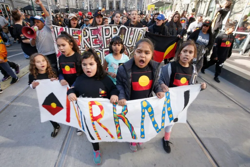  A group of young kids take part in the NAIDOC March in Melbourne.