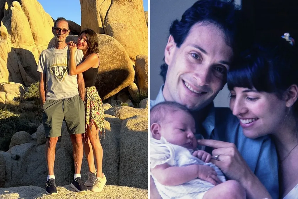 "Two photos: Left shows a couple by boulders; right, a smiling couple with a newborn baby."