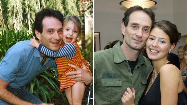 Father with daughter as a child on left and them posing together years later on right.