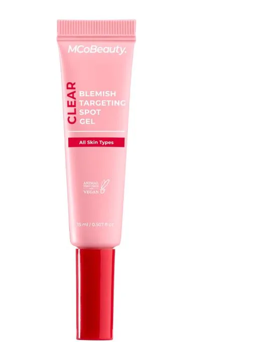 Pink tube of MCoBeauty Clear Blemish Targeting Spot Gel for all skin types, featuring a red cap.