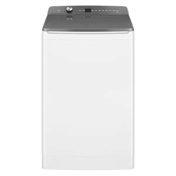 Top-loader washing machine with a gray control panel and circular knob.
