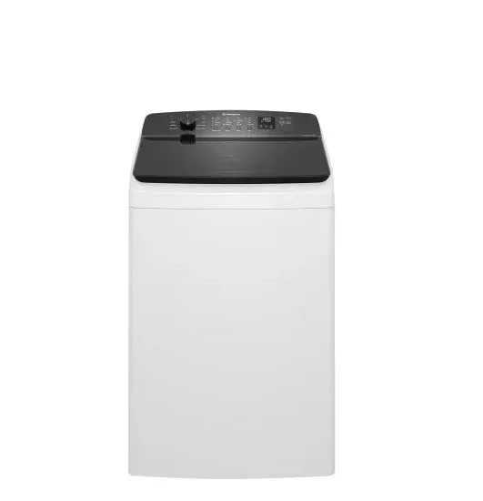 Top-loader washing machine with black control panel and a sleek, modern design.