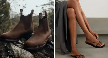 Brown leather boots on a log; woman in a grey dress wearing black sandals indoors.