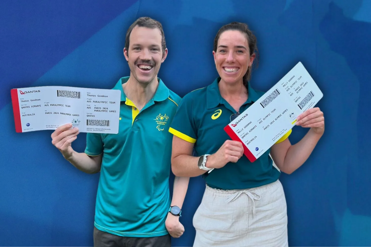 thomas goodman and molly goodman holding plane tickets to paris for the olympics and paralympics