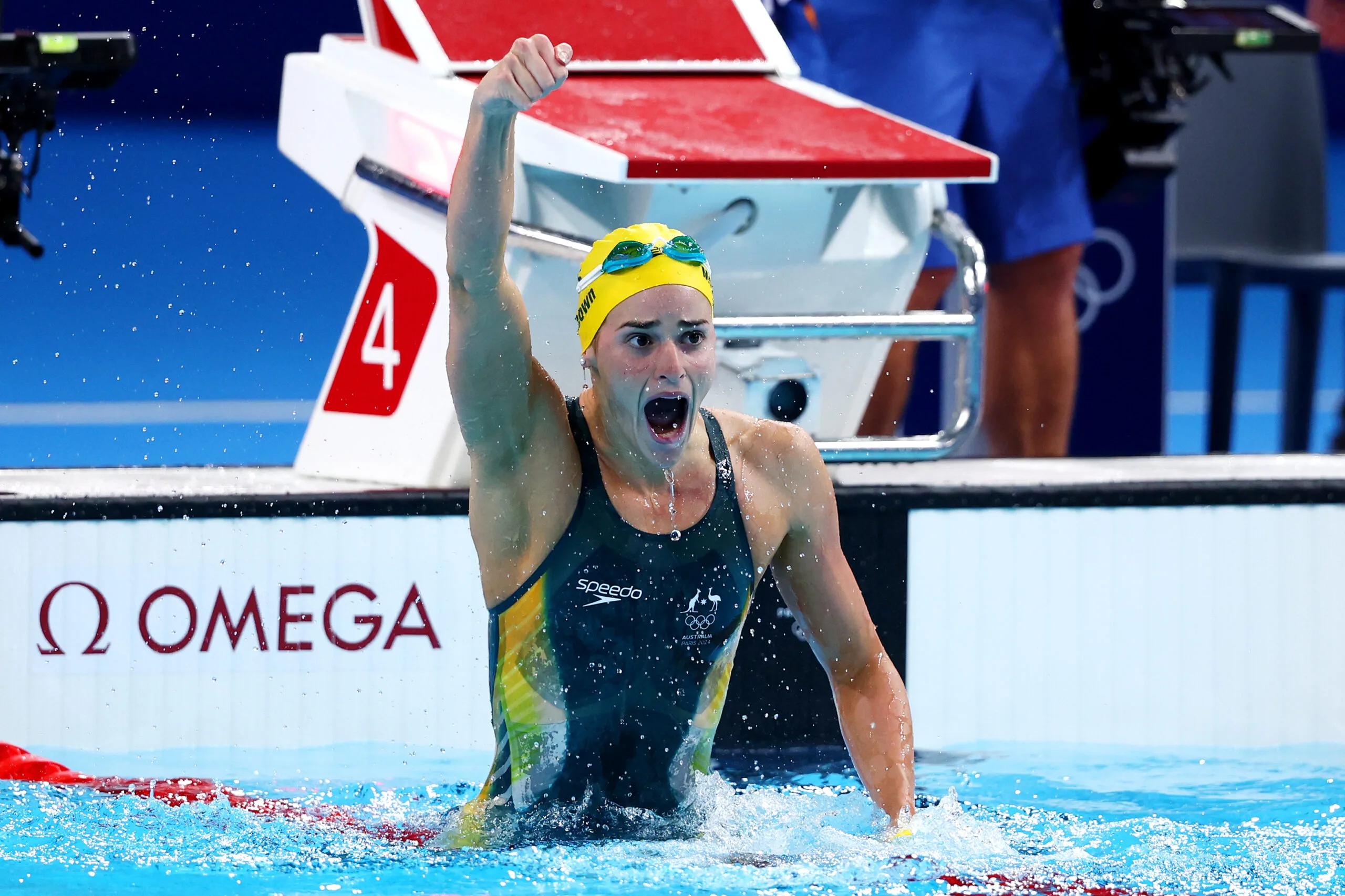 NANTERRE, FRANCE - JULY 30: Kaylee McKeown of Team Australia celebrates after winning gold in the Women's 100m Backstroke Final on day four of the Olympic Games Paris 2024 at Paris La Defense Arena on July 30, 2024 in Nanterre, France. (Photo by Maddie Meyer/Getty Images)