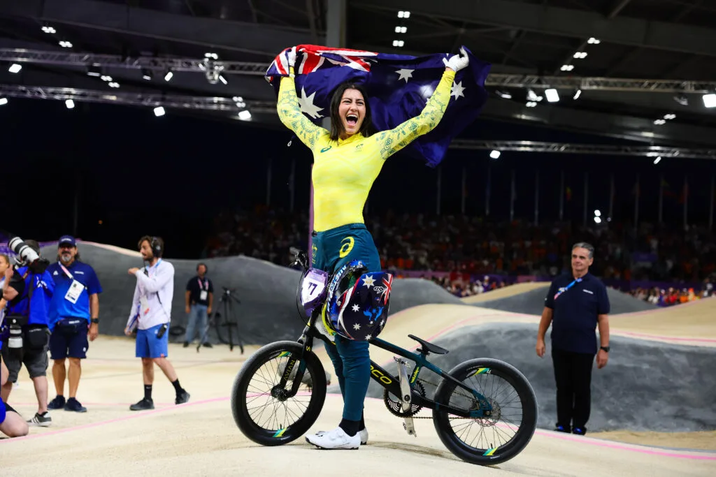 PARIS, FRANCE - AUGUST 03: Sakakibara Saya wins gold during the Cycling BMX Racing  on August 03, 2024 in Paris, France. (Photo by Pete Dovgan/Speed Media/Icon Sportswire via Getty Images)