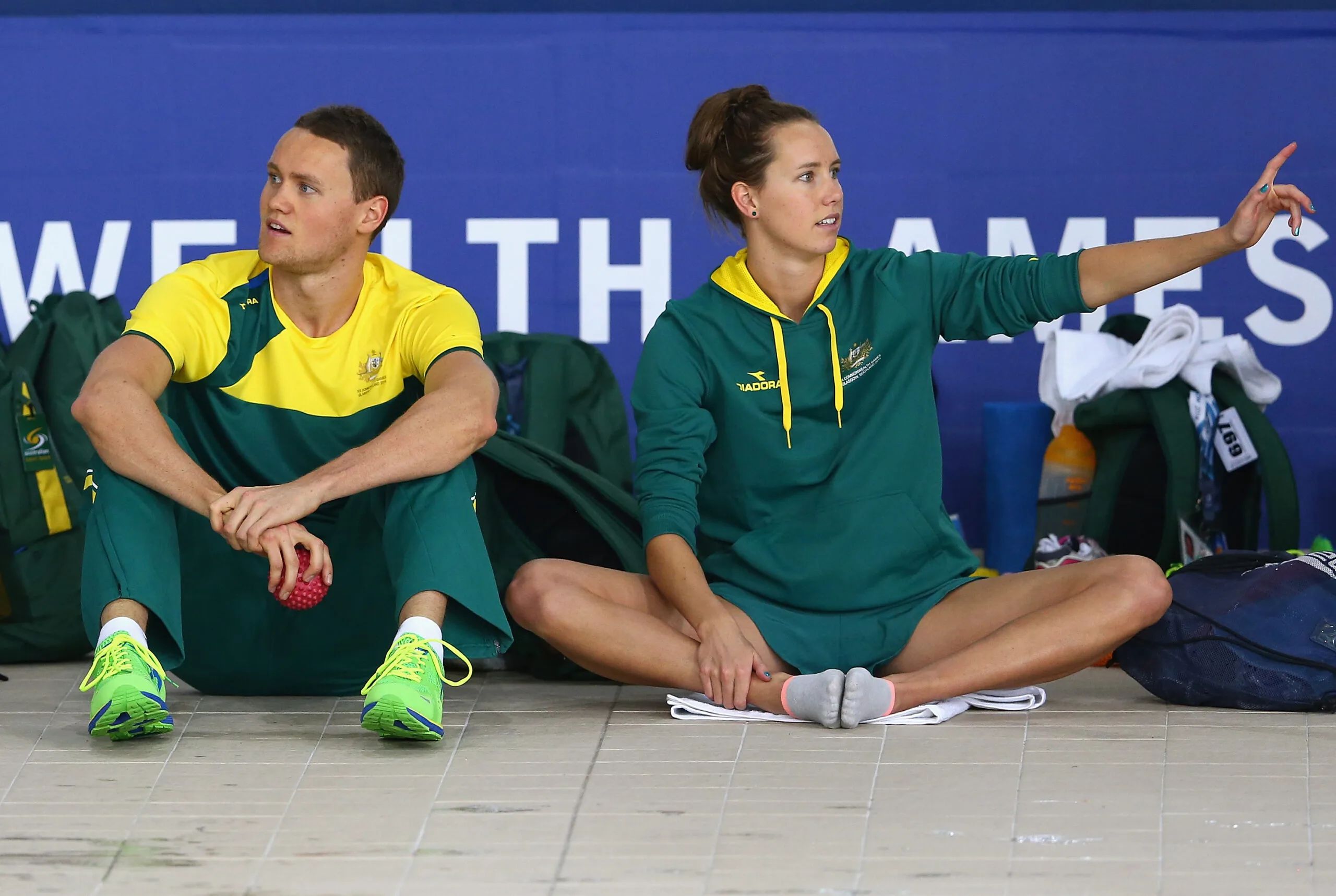 GLASGOW, SCOTLAND - JULY 21: David McKeon and Emma McKeon of Australia look on during an Australian Swim Team Training session at Tollcross International Swimming Centre on July 21, 2014 in Glasgow, Scotland. (Photo by Quinn Rooney/Getty Images)