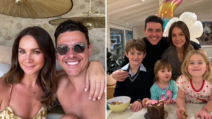 A couple poses for a selfie on the left; a family of five smiles with a cake on the right.